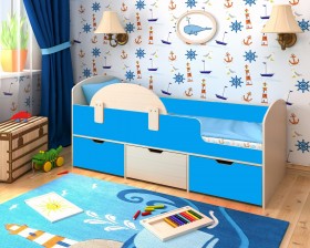 Кровать Малыш-мини с бортиком Дуб молочный/Голубой в Марьяновке - maryanovka.katalogmebeli.com | фото
